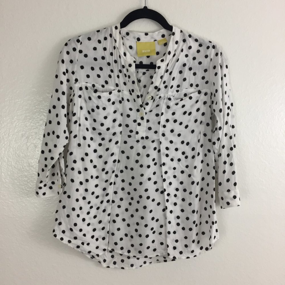 MAEVE Anthropologie White Black Abstract Dots V Neck 3/4 Sleeve Shirt